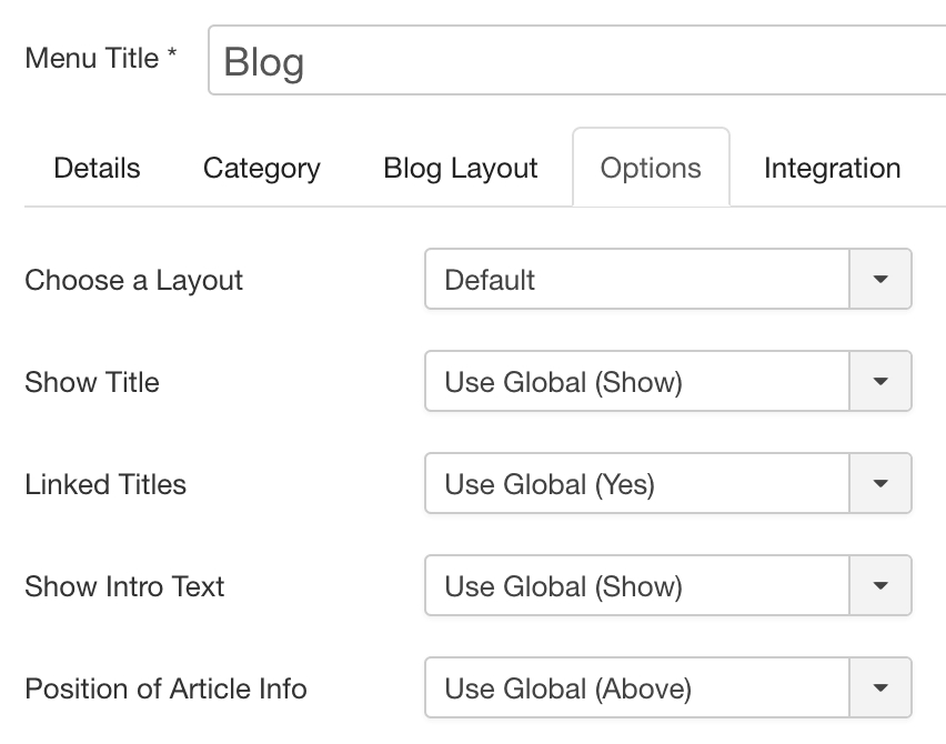 Joomal Blog Options Tab